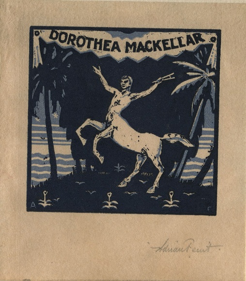 Artist: b'FEINT, Adrian' | Title: b'Bookplate: Dorothea Mackellar.' | Date: (1927) | Technique: b'wood-engraving, printed in colour, from two blocks in light and dark blue inks' | Copyright: b'Courtesy the Estate of Adrian Feint' Artist: b'FEINT, Adrian' | Title: b'Bookplate: Dorothea Mackellar.' | Date: (1927) | Technique: b'wood-engraving, printed in colour, from two blocks in light and dark blue inks' | Copyright: b'Courtesy the Estate of Adrian Feint'
