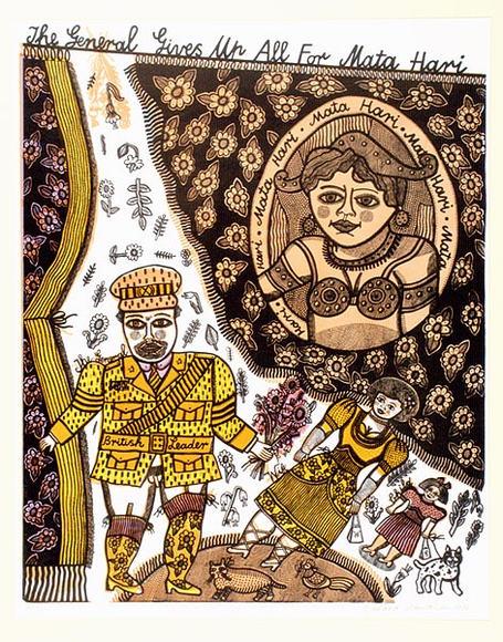 Artist: b'HANRAHAN, Barbara' | Title: b'The General gives up all for Mata Hari' | Date: 1976 | Technique: b'lithograph, printed in colour, from four plates' Artist: b'HANRAHAN, Barbara' | Title: b'The General gives up all for Mata Hari' | Date: 1976 | Technique: b'lithograph, printed in colour, from four plates'