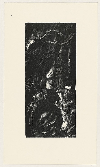 Artist: b'AMOR, Rick' | Title: b'not titled (large raven and cowering man 3).' | Date: (1990) | Technique: b'woodcut, printed in black ink, from one block' Artist: b'AMOR, Rick' | Title: b'not titled (large raven and cowering man 3).' | Date: (1990) | Technique: b'woodcut, printed in black ink, from one block'