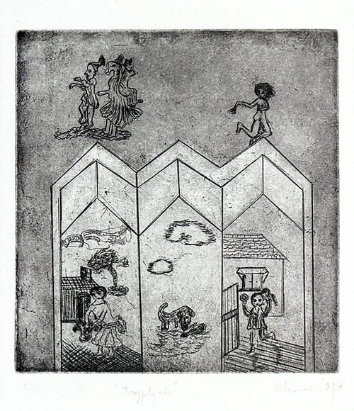Artist: b'Shearer, Mitzi.' | Title: b'Triptych' | Date: 1981-84 | Technique: b'etching, printed in black, with plate-tone, from one plate' Artist: b'Shearer, Mitzi.' | Title: b'Triptych' | Date: 1981-84 | Technique: b'etching, printed in black, with plate-tone, from one plate'