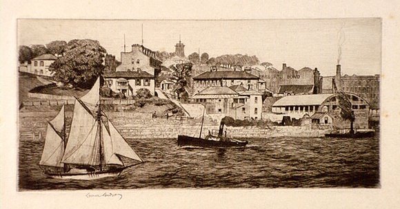 Artist: b'LINDSAY, Lionel' | Title: b'Dawes Point, Sydney' | Date: 1911 | Technique: b'etching, drypoint and aquatint, printed in brown ink, from one plate' | Copyright: b'Courtesy of the National Library of Australia' Artist: b'LINDSAY, Lionel' | Title: b'Dawes Point, Sydney' | Date: 1911 | Technique: b'etching, drypoint and aquatint, printed in brown ink, from one plate' | Copyright: b'Courtesy of the National Library of Australia'