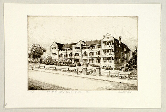Artist: b'PLATT, Austin' | Title: b'Fort Street Boys High School, Petersham' | Date: 1934 | Technique: b'etching, printed in black ink, from one plate' Artist: b'PLATT, Austin' | Title: b'Fort Street Boys High School, Petersham' | Date: 1934 | Technique: b'etching, printed in black ink, from one plate'