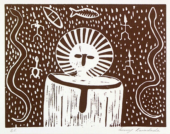 Artist: b'KARADADA, Tommy' | Title: b'(Wandjina)' | Date: 1986 | Technique: b'linocut, printed in brown ink, from one block'