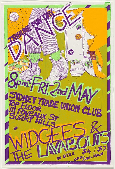Artist: b'Lane, Leonie.' | Title: b'Tribune' May Day dance - Widgees and the Layabouts | Date: 1979 | Technique: b'screenprint, printed in colour, from three stencils' | Copyright: b'\xc2\xa9 Leonie Lane' Artist: b'Lane, Leonie.' | Title: b'Tribune' May Day dance - Widgees and the Layabouts | Date: 1979 | Technique: b'screenprint, printed in colour, from three stencils' | Copyright: b'\xc2\xa9 Leonie Lane'
