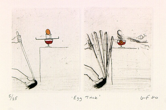 Artist: b'Fransella, Graham.' | Title: b'Egg trick'. | Date: 1980 | Technique: b'etching, aquatint, foul-biting and burnishing, printed in black ink, from one plate' | Copyright: b'Courtesy of the artist' Artist: b'Fransella, Graham.' | Title: b'Egg trick'. | Date: 1980 | Technique: b'etching, aquatint, foul-biting and burnishing, printed in black ink, from one plate' | Copyright: b'Courtesy of the artist'