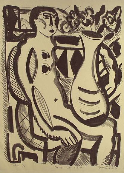 Artist: b'Faulkner, Sarah' | Title: b'Portrait with flowers' | Date: 1991 | Technique: b'lithograph, printed in black ink, from one stone' Artist: b'Faulkner, Sarah' | Title: b'Portrait with flowers' | Date: 1991 | Technique: b'lithograph, printed in black ink, from one stone'