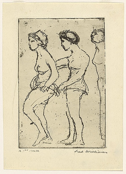 Artist: b'WILLIAMS, Fred' | Title: b'Chorus girls' | Date: 1955-56 | Technique: b'etching, aquatint and drypoint, printed in black ink, from one zinc plate' | Copyright: b'\xc2\xa9 Fred Williams Estate' Artist: b'WILLIAMS, Fred' | Title: b'Chorus girls' | Date: 1955-56 | Technique: b'etching, aquatint and drypoint, printed in black ink, from one zinc plate' | Copyright: b'\xc2\xa9 Fred Williams Estate'