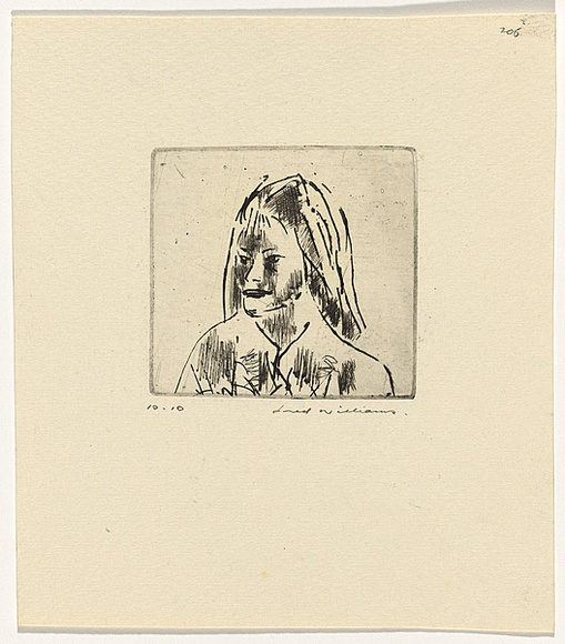 Artist: b'WILLIAMS, Fred' | Title: b'Rosemary Smith' | Date: 1964-65 | Technique: b'etching, drypoint, printed in black ink, from one copper plate; brushed with pencil' | Copyright: b'\xc2\xa9 Fred Williams Estate' Artist: b'WILLIAMS, Fred' | Title: b'Rosemary Smith' | Date: 1964-65 | Technique: b'etching, drypoint, printed in black ink, from one copper plate; brushed with pencil' | Copyright: b'\xc2\xa9 Fred Williams Estate'