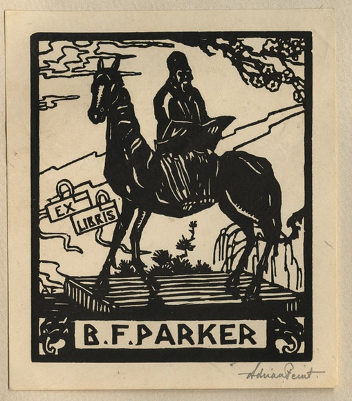 Artist: b'FEINT, Adrian' | Title: b'Bookplate: B F Parker.' | Date: (1926) | Technique: b'wood-engraving, printed in black ink, from one block' | Copyright: b'Courtesy the Estate of Adrian Feint' Artist: b'FEINT, Adrian' | Title: b'Bookplate: B F Parker.' | Date: (1926) | Technique: b'wood-engraving, printed in black ink, from one block' | Copyright: b'Courtesy the Estate of Adrian Feint'