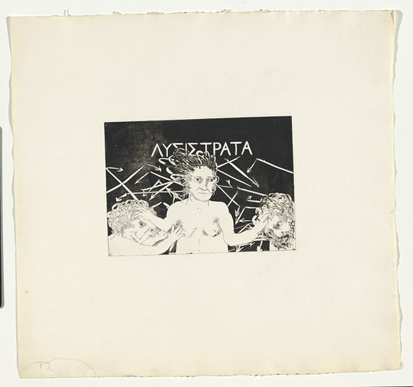 Artist: b'BOYD, Arthur' | Title: b'Title-page. Variant of number 1. Lysistrata between the Athenian and the Spartan.' | Date: (1970) | Technique: b'etching and aquatint, printed in black ink, from one plate' | Copyright: b'Reproduced with permission of Bundanon Trust' Artist: b'BOYD, Arthur' | Title: b'Title-page. Variant of number 1. Lysistrata between the Athenian and the Spartan.' | Date: (1970) | Technique: b'etching and aquatint, printed in black ink, from one plate' | Copyright: b'Reproduced with permission of Bundanon Trust'