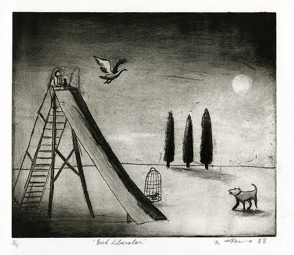 Artist: b'McKenna, Noel.' | Title: b'Bird liberator' | Date: 1988 | Technique: b'etching and drypoint, printed in black ink, from one plate' | Copyright: b'\xc2\xa9 Noel McKenna' Artist: b'McKenna, Noel.' | Title: b'Bird liberator' | Date: 1988 | Technique: b'etching and drypoint, printed in black ink, from one plate' | Copyright: b'\xc2\xa9 Noel McKenna'
