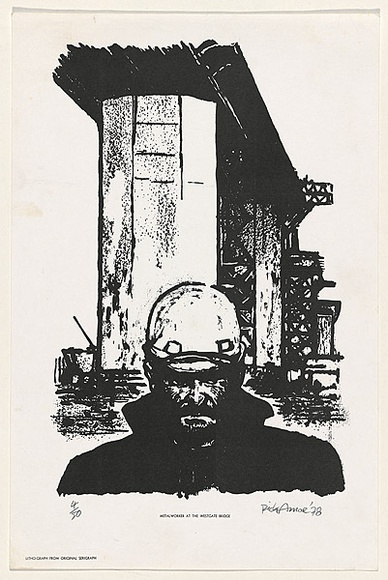 Artist: b'AMOR, Rick' | Title: b'Metalworker at the Westgate Bridge.' | Date: 1978 | Technique: b'lithograph, printed in black ink, from one plate' | Copyright: b'Image reproduced courtesy the artist and Niagara Galleries, Melbourne' Artist: b'AMOR, Rick' | Title: b'Metalworker at the Westgate Bridge.' | Date: 1978 | Technique: b'lithograph, printed in black ink, from one plate' | Copyright: b'Image reproduced courtesy the artist and Niagara Galleries, Melbourne'