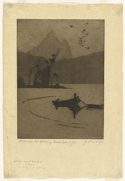 Artist: TRAILL, Jessie | Title: Japanese Mount Warning, Tweed River, NSW. | Date: 1921 | Technique: etching and aquatint, printed in black ink with plate-tone and wiped highlights, from one plate Artist: TRAILL, Jessie | Title: Japanese Mount Warning, Tweed River, NSW. | Date: 1921 | Technique: etching and aquatint, printed in black ink with plate-tone and wiped highlights, from one plate