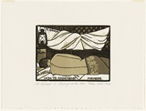 Artist: White, Robin. | Title: Michael is sleeping on the bed | Date: 1983 | Technique: woodcut, printed in colour, from four blocks (black and three brown inks)