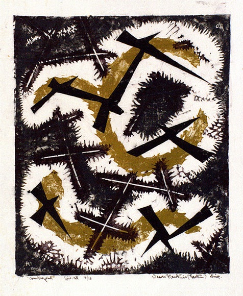 Artist: b'Hawkins, Weaver.' | Title: b'Counterpoint' | Date: 1961 | Technique: b'linocut, printed in colour, from multiple blocks' | Copyright: b'The Estate of H.F Weaver Hawkins' Artist: b'Hawkins, Weaver.' | Title: b'Counterpoint' | Date: 1961 | Technique: b'linocut, printed in colour, from multiple blocks' | Copyright: b'The Estate of H.F Weaver Hawkins'