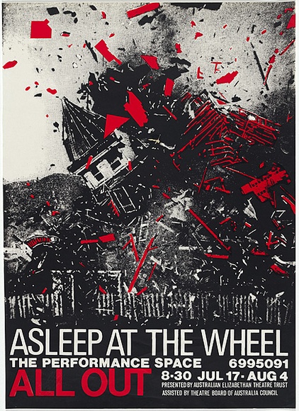 Artist: b'MERD INTERNATIONAL' | Title: b'Poster: Asleep at the wheel' | Date: 1984 | Technique: b'screenprint, printed in colour, from two stencils' Artist: b'MERD INTERNATIONAL' | Title: b'Poster: Asleep at the wheel' | Date: 1984 | Technique: b'screenprint, printed in colour, from two stencils'