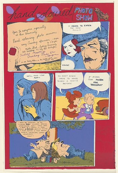 Artist: b'Allan, Micky.' | Title: b'Hand coloured photo show. Open to everyone, especially at the University....An artist in residence event.' | Date: 1979 | Technique: b'screenprint, printed in colour, from four stencils' | Copyright: b'\xc2\xa9 Micky Allan. Licensed by VISCOPY, Australia' Artist: b'Allan, Micky.' | Title: b'Hand coloured photo show. Open to everyone, especially at the University....An artist in residence event.' | Date: 1979 | Technique: b'screenprint, printed in colour, from four stencils' | Copyright: b'\xc2\xa9 Micky Allan. Licensed by VISCOPY, Australia'