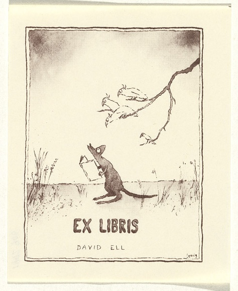 Artist: b'Leunig, Michael.' | Title: b'Book plate: David Ell' | Date: c.1980 | Technique: b'process-block, printed in black ink, from one block; from pen and ink and wash drawing' Artist: b'Leunig, Michael.' | Title: b'Book plate: David Ell' | Date: c.1980 | Technique: b'process-block, printed in black ink, from one block; from pen and ink and wash drawing'