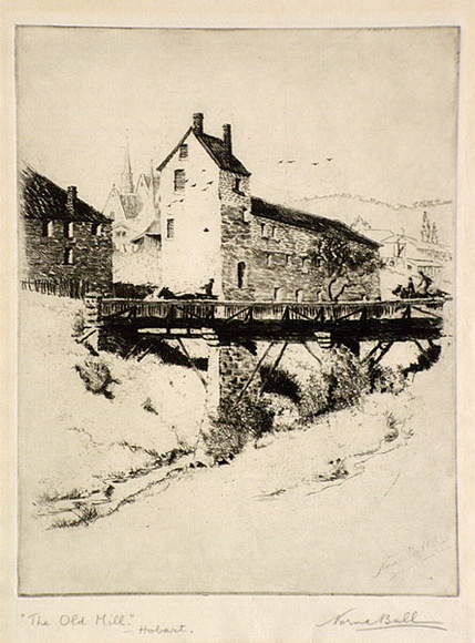Artist: b'Bull, Norma C.' | Title: b'The old mill Hobart.' | Date: 1938 | Technique: b'etching and aquatint, printed in black ink, from one plate' Artist: b'Bull, Norma C.' | Title: b'The old mill Hobart.' | Date: 1938 | Technique: b'etching and aquatint, printed in black ink, from one plate'