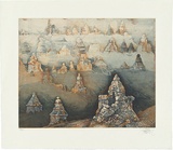 Artist: SCHMEISSER, Jorg | Title: Chorten landscape | Date: 1986 | Technique: softground-etching, aquatint and spitbite, printed in colour, from two plates | Copyright: © Jörg Schmeisser