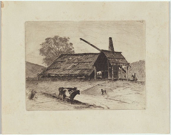 Artist: b'Hopkins, Livingston.' | Title: b'Cows with cat in front of old barn shed' | Date: 1891 | Technique: b'etching, printed in black ink, from one plate' Artist: b'Hopkins, Livingston.' | Title: b'Cows with cat in front of old barn shed' | Date: 1891 | Technique: b'etching, printed in black ink, from one plate'