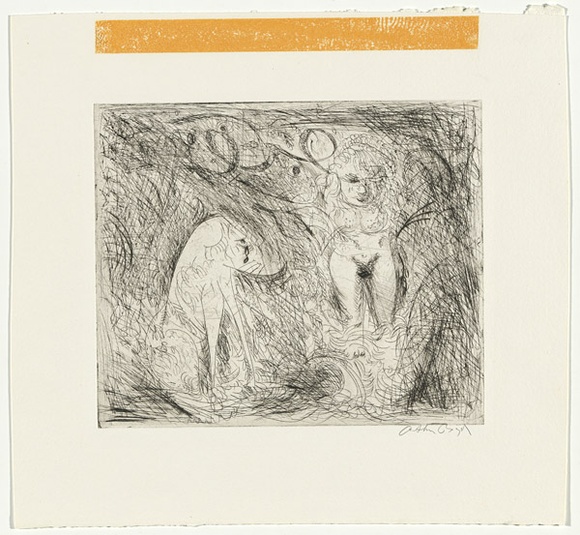Artist: b'BOYD, Arthur' | Title: bNude walking in a creek with dog and ram's head. | Date: (1962-63) | Technique: b'etching and drypoint, printed in black ink, from one plate' | Copyright: b'Reproduced with permission of Bundanon Trust' Artist: b'BOYD, Arthur' | Title: bNude walking in a creek with dog and ram's head. | Date: (1962-63) | Technique: b'etching and drypoint, printed in black ink, from one plate' | Copyright: b'Reproduced with permission of Bundanon Trust'