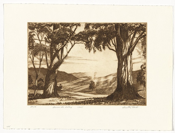 Artist: b'PLATT, Austin' | Title: b'Across the valley' | Date: 1945 | Technique: b'etching, printed in black ink, from one plate' Artist: b'PLATT, Austin' | Title: b'Across the valley' | Date: 1945 | Technique: b'etching, printed in black ink, from one plate'