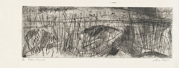 Artist: b'MEYER, Bill' | Title: b'Reeds in Kinneret' | Date: 1990 | Technique: b'etching, printed in blue and black ink, from one zinc plate; a la poupee and plate-tone' | Copyright: b'\xc2\xa9 Bill Meyer' Artist: b'MEYER, Bill' | Title: b'Reeds in Kinneret' | Date: 1990 | Technique: b'etching, printed in blue and black ink, from one zinc plate; a la poupee and plate-tone' | Copyright: b'\xc2\xa9 Bill Meyer'