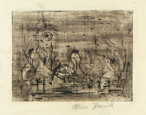 Artist: b'David, Allen.' | Title: b'(Birds among grasses).' | Date: (1955) | Technique: b'etching, printed in brown ink with plate-tone, from one plate' Artist: b'David, Allen.' | Title: b'(Birds among grasses).' | Date: (1955) | Technique: b'etching, printed in brown ink with plate-tone, from one plate'