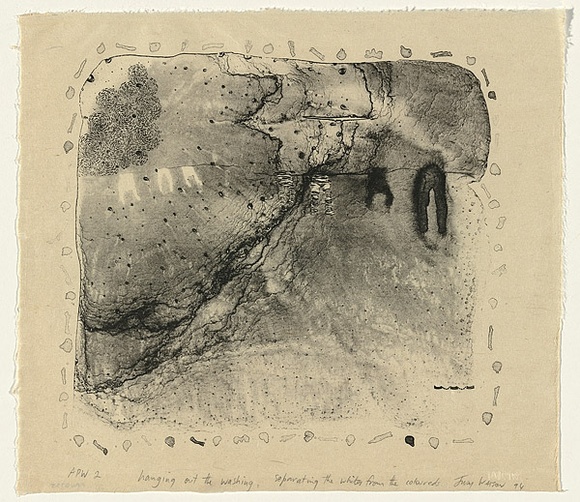 Artist: b'Watson, Judy.' | Title: b'hanging out the washing, separating the whites from the coloureds' | Date: 1994 | Technique: b'lithograph, printed in black ink, from one stone' | Copyright: b'\xc2\xa9 Judy Watson. Licensed by VISCOPY, Australia' Artist: b'Watson, Judy.' | Title: b'hanging out the washing, separating the whites from the coloureds' | Date: 1994 | Technique: b'lithograph, printed in black ink, from one stone' | Copyright: b'\xc2\xa9 Judy Watson. Licensed by VISCOPY, Australia'