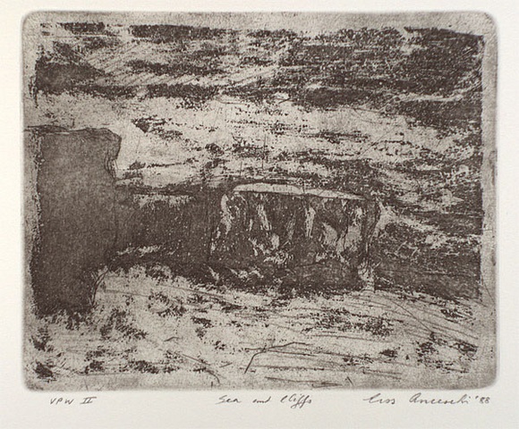 Artist: b'Anceschi, Eros.' | Title: b'Sea and cliffs' | Date: 1988 | Technique: b'etching and aquatint, printed in black ink from copper plate' Artist: b'Anceschi, Eros.' | Title: b'Sea and cliffs' | Date: 1988 | Technique: b'etching and aquatint, printed in black ink from copper plate'