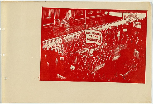 Artist: b'UNKNOWN, WORKER ARTISTS, SYDNEY, NSW' | Title: b'Not titled (all the power to the workers).' | Date: 1933 | Technique: b'linocut, printed in red ink, from one block' Artist: b'UNKNOWN, WORKER ARTISTS, SYDNEY, NSW' | Title: b'Not titled (all the power to the workers).' | Date: 1933 | Technique: b'linocut, printed in red ink, from one block'