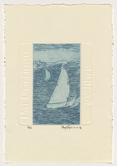 Artist: b'Rees, Lloyd.' | Title: b'Bookplate: Pat Corrigan' | Date: 1978 | Technique: b'etching, printed in blue ink with plate-tone, from one plate: embossing from two plates' | Copyright: b'\xc2\xa9 Alan and Jancis Rees' Artist: b'Rees, Lloyd.' | Title: b'Bookplate: Pat Corrigan' | Date: 1978 | Technique: b'etching, printed in blue ink with plate-tone, from one plate: embossing from two plates' | Copyright: b'\xc2\xa9 Alan and Jancis Rees'