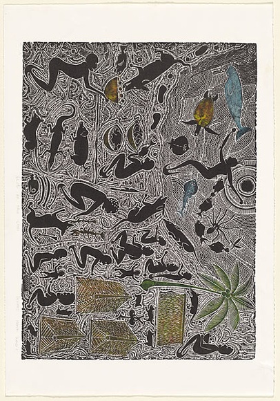 Artist: b'Nona, Dennis.' | Title: b'Yelub Ar Nguo Umai' | Date: 2001 | Technique: b'linocut, printed in black ink, from one block; hand coloured a la coupe [kaidaral]' | Copyright: b'Courtesy of the artist and the Australia Art Print Network'