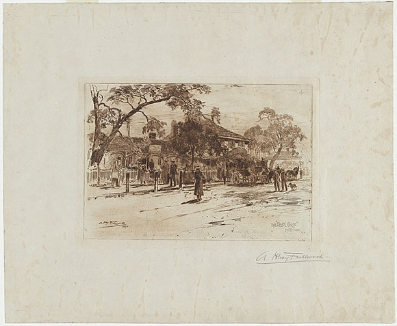 Artist: FULLWOOD, A.H. | Title: The 'Black Horse' Richmond NSW. | Date: 1894 | Technique: etching, printed in sepia ink, from one plate Artist: FULLWOOD, A.H. | Title: The 'Black Horse' Richmond NSW. | Date: 1894 | Technique: etching, printed in sepia ink, from one plate