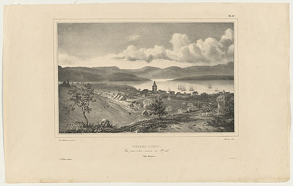 Artist: b'Sainson, Louis de.' | Title: bHobart-town. Vue prise du'un ravin au Norde (Van Diemen). | Date: 1834 | Technique: b'lithograph, printed in black ink, from one stone' Artist: b'Sainson, Louis de.' | Title: bHobart-town. Vue prise du'un ravin au Norde (Van Diemen). | Date: 1834 | Technique: b'lithograph, printed in black ink, from one stone'