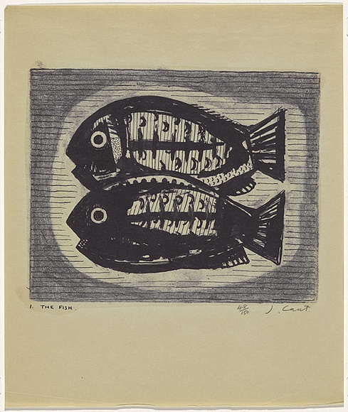 Artist: b'Cant, James.' | Title: b'The fish.' | Date: 1948 | Technique: b'cliche-verre, printed in blue pigment, from one hand-drawn glass plate' Artist: b'Cant, James.' | Title: b'The fish.' | Date: 1948 | Technique: b'cliche-verre, printed in blue pigment, from one hand-drawn glass plate'