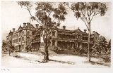 Artist: Stockfeld, R.H. | Title: not titled [unknown building] | Date: c.1935 | Technique: etching, printed in sepia ink, from one plate