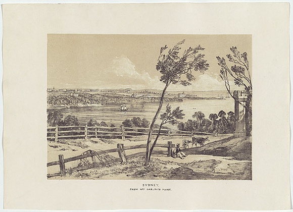 Artist: b'PROUT, John Skinner' | Title: bSydney, from Mrs Darling's Point. | Date: 1842 | Technique: b'lithograph, printed in colour, from two stones (black and brown tint stone)' Artist: b'PROUT, John Skinner' | Title: bSydney, from Mrs Darling's Point. | Date: 1842 | Technique: b'lithograph, printed in colour, from two stones (black and brown tint stone)'