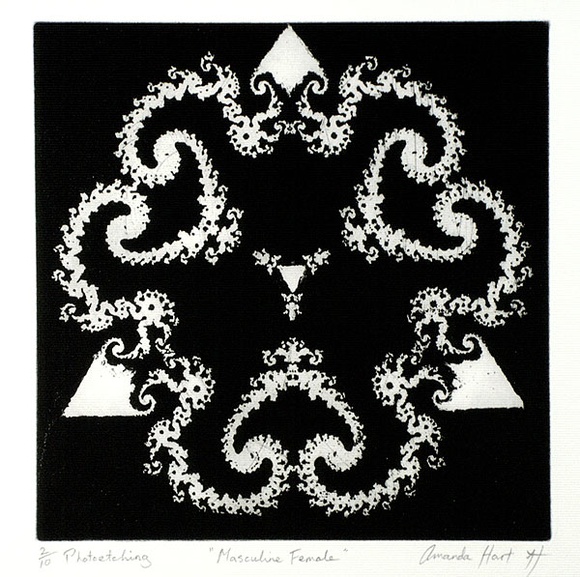 Artist: b'Hart, Amanda.' | Title: b'Masculine female' | Date: 1994 | Technique: b'photo-etching and aquatint, printed in black ink with plate-tone, from one plate' Artist: b'Hart, Amanda.' | Title: b'Masculine female' | Date: 1994 | Technique: b'photo-etching and aquatint, printed in black ink with plate-tone, from one plate'