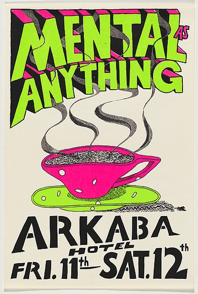 Artist: b'WORSTEAD, Paul' | Title: b'Mental as anything - Arkaba' | Date: 1980 | Technique: b'screenprint, printed in colour, from three stencils' | Copyright: b'This work appears on screen courtesy of the artist' Artist: b'WORSTEAD, Paul' | Title: b'Mental as anything - Arkaba' | Date: 1980 | Technique: b'screenprint, printed in colour, from three stencils' | Copyright: b'This work appears on screen courtesy of the artist'