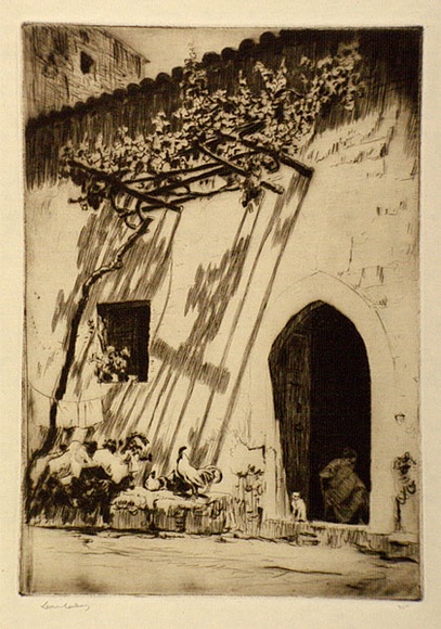 Artist: b'LINDSAY, Lionel' | Title: b'The shadow of the vine, Taormina' | Date: 1927 | Technique: b'drypoint, printed in brown ink with plate-tone, from one plate' | Copyright: b'Courtesy of the National Library of Australia'