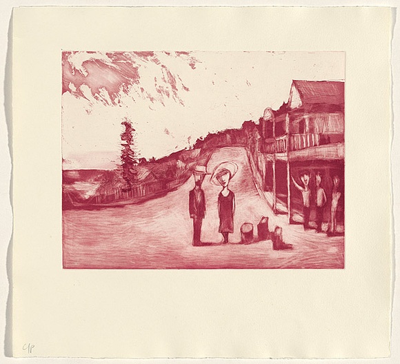 Artist: b'Shead, Garry.' | Title: b'Thirroul' | Date: 1994-95 | Technique: b'etching and aquatint, printed in pink ink, from one plate' | Copyright: b'\xc2\xa9 Garry Shead' Artist: b'Shead, Garry.' | Title: b'Thirroul' | Date: 1994-95 | Technique: b'etching and aquatint, printed in pink ink, from one plate' | Copyright: b'\xc2\xa9 Garry Shead'