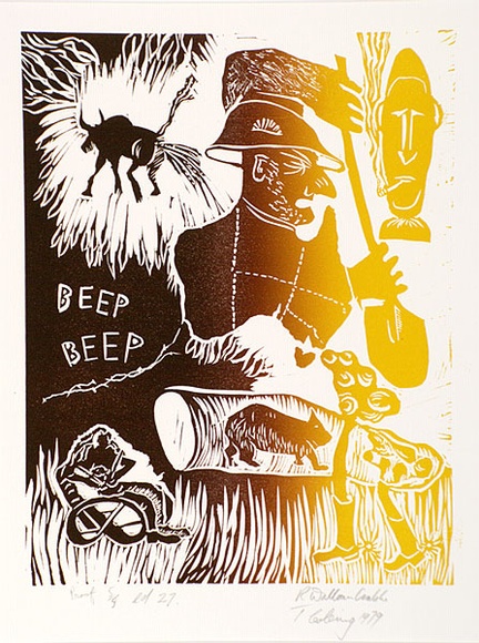 Artist: b'Wallace-Crabbe, Robin.' | Title: b'Beep beep.' | Date: 1979 | Technique: b'linocut, printed in colour, from two blocks' Artist: b'Wallace-Crabbe, Robin.' | Title: b'Beep beep.' | Date: 1979 | Technique: b'linocut, printed in colour, from two blocks'