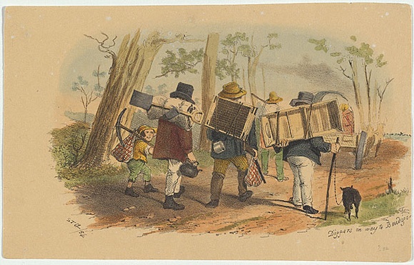 Artist: b'GILL, S.T.' | Title: b'Diggers on way to Bendigo.' | Date: 1854 | Technique: b'lithograph, printed in black ink, from one stone; hand-coloured' Artist: b'GILL, S.T.' | Title: b'Diggers on way to Bendigo.' | Date: 1854 | Technique: b'lithograph, printed in black ink, from one stone; hand-coloured'