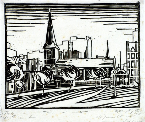 Artist: b'Haefliger, Paul.' | Title: b'St James Church, Sydney' | Date: 1931-33 | Technique: b'woodcut, printed in black ink, from one block' Artist: b'Haefliger, Paul.' | Title: b'St James Church, Sydney' | Date: 1931-33 | Technique: b'woodcut, printed in black ink, from one block'