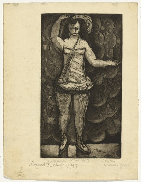 Artist: b'Cilento, Margaret.' | Title: b'Skating chorus girl.' | Date: 1947 | Technique: b'etching, aquatint, printed in black ink, from one plates' Artist: b'Cilento, Margaret.' | Title: b'Skating chorus girl.' | Date: 1947 | Technique: b'etching, aquatint, printed in black ink, from one plates'