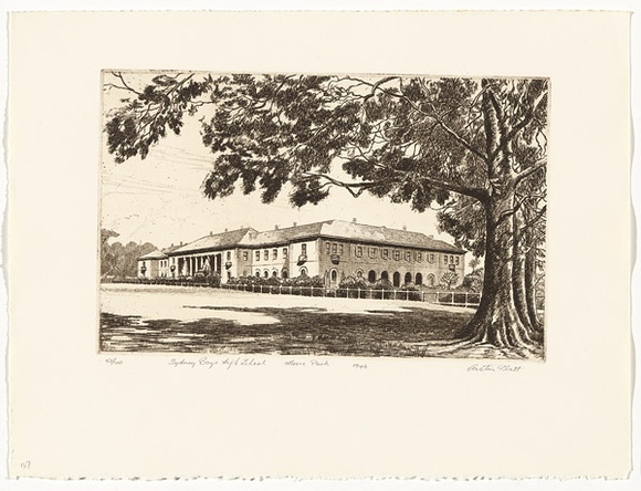Artist: b'PLATT, Austin' | Title: b'Sydney Boys High School, Moore Park' | Date: 1946 | Technique: b'etching, printed in black ink, from one plate' Artist: b'PLATT, Austin' | Title: b'Sydney Boys High School, Moore Park' | Date: 1946 | Technique: b'etching, printed in black ink, from one plate'