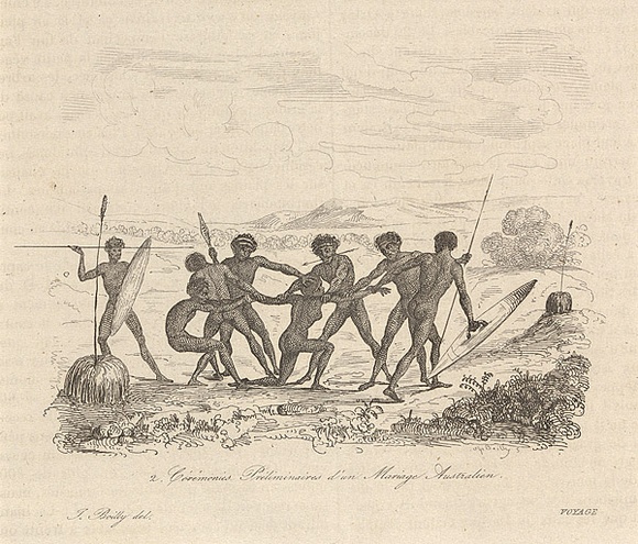 Title: Cérémonies préliminaires d'un mariage australien [Preliminary ceremonies of an Australian marriage] | Date: 1835 | Technique: engraving, printed in black ink, from one steel plate