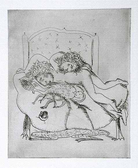 Artist: b'BOYD, Arthur' | Title: b'(Figures on a bed with a spider and a tea cup) (variant II).' | Date: 1970 | Technique: b'etching, printed in black ink, from one plate' | Copyright: b'Reproduced with permission of Bundanon Trust' Artist: b'BOYD, Arthur' | Title: b'(Figures on a bed with a spider and a tea cup) (variant II).' | Date: 1970 | Technique: b'etching, printed in black ink, from one plate' | Copyright: b'Reproduced with permission of Bundanon Trust'